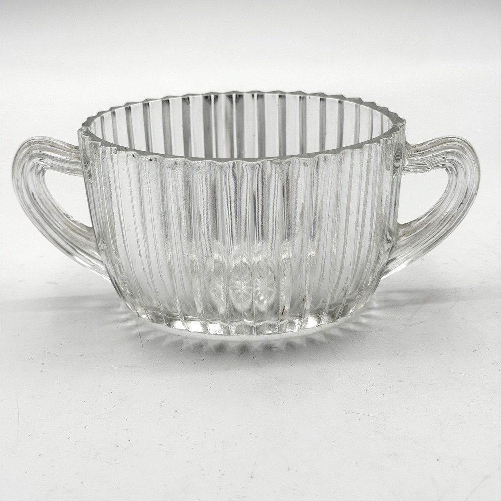 Anchor Hocking Clear Ribbed Glass Sugar Bowl Double Handle Manhattan Vintage